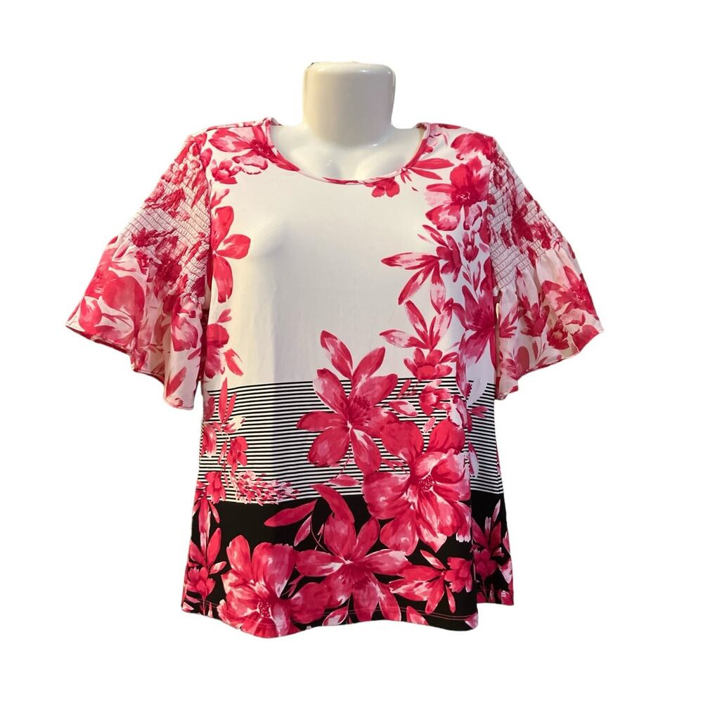 Calvin Klein Women's Pink/Blk/White Floral Striped Flutter Sleeve Bouse | Size M